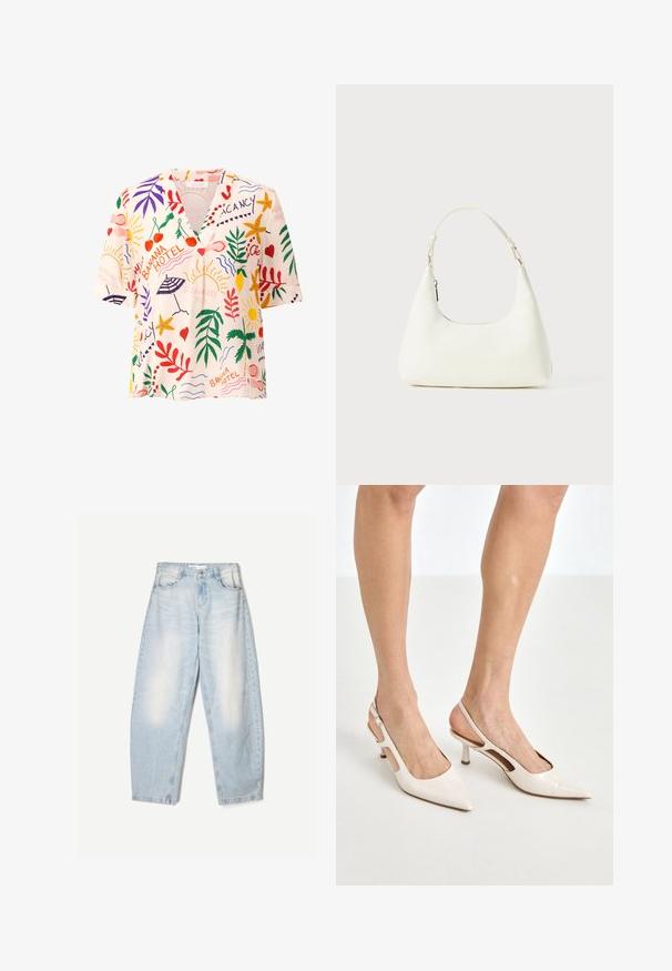Bluzica kratkih rukava s V-izrezom izrađena od lagane tkanine s šarenim tropskim uzorkom koji uključuje lišće, voće i sunčeve motive u crvenoj, zelenoj i žutoj boji.; Svijetloplava čipkasta majica bez rukava s tankim naramenicama, s valovitim čipkastim rubom i cvjetnim uzorkom, dizajnirana za uski kroj.; Svijetloplave traperice s širokim krojem, s izblijedjelim završetkom, dva prednja džepa i dugmetom za zatvaranje na struku.; Bež cipele na petu od lakiranih koža s uskim vrhom i petom od 5 cm, s izrezanim stranama i tankim remenom oko gležnja.; Mala mala bijela torbica s jednim podesivim remenom i zatvaračem na munje, postavljena na jednostavnoj bijeloj pozadini.