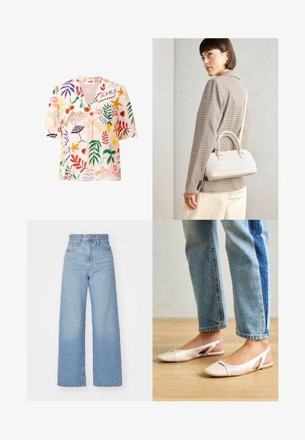 Blusa de manga corta y cuello en V, hecha de una tela ligera con un colorido patrón tropical que presenta hojas, frutas y motivos del sol en rojo, verde y amarillo.; Jeans de tiro alto y pernera ancha en azul claro, con cierre frontal de botón y cremallera, y bolsillos delantero y trasero, sobre un fondo blanco.; Bailarinas de color rosa pálido con tiras traseras y punta puntiaguda, fabricadas con un material similar al cuero suave. Presentan detalles recortados en los laterales y un tacón plano.; Bolso estructurado blanco con asas cortas y una correa para el hombro, que presenta detalles en dorado y material texturizado, exhibido sobre un fondo gris.