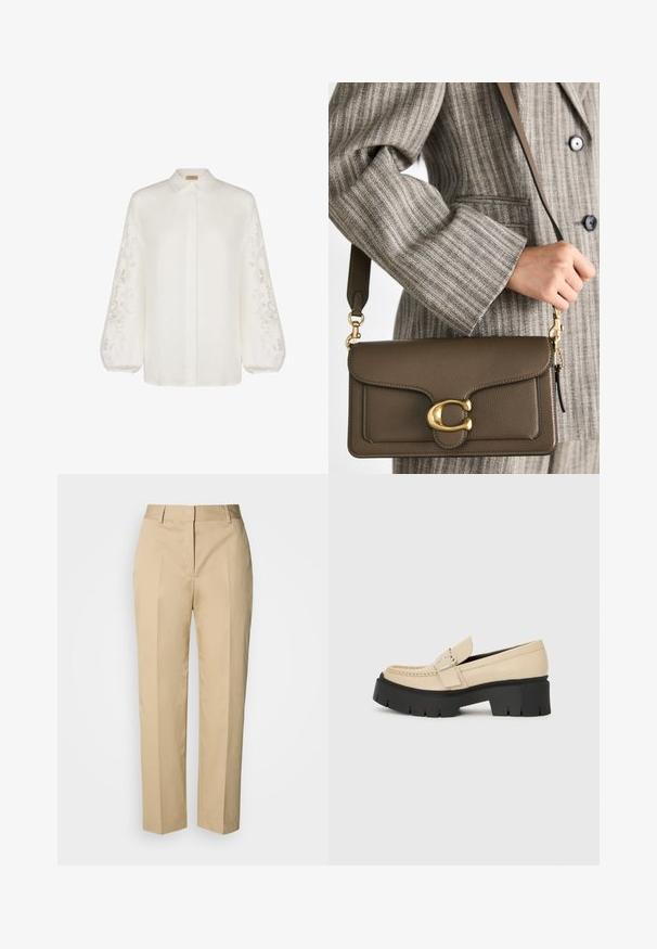 Witte linnen blouse met lange balloonmouwen met gedetailleerd borduurwerk aan de zijkanten en een klassieke kraag. Voorzijde met knopen.; Beige rechte broek met riemlussen, voorplooi en verborgen sluiting, afgebeeld tegen een lichte achtergrond.; Beige leren loafers met een zwarte chunky zool, voorzien van een decoratieve gesp en stikseldetails aan de voorkant. Zijaanzicht.; COACH TABBY SHOULDER BAG 26 - Handtas - dark stone