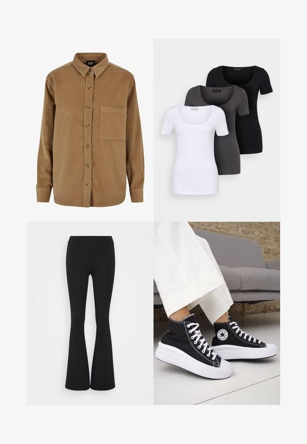 Brun fløjlsskjorte med knaplukning foran, spidse kraver, lange ærmer og en brystlomme. Har en subtil vertikal tekstur og brune knapper.; Tre tætsiddende T-shirts i hvid, grå og sort. Hver af dem har en bred scoop-udskæring og korte ærmer. Fremstillet af glat, strækbart stof.; Sorte flagrende bukser lavet af strækbart stof, med en høj talje og en glat tekstur. Bukserne flared fra knæet.; Sorte sneakers med højt skaft, hvide gummisåler og snørebånd. Har en rund logo-patch og kontrasterende hvide syninger. Fremstillet af lærredsmateriale.