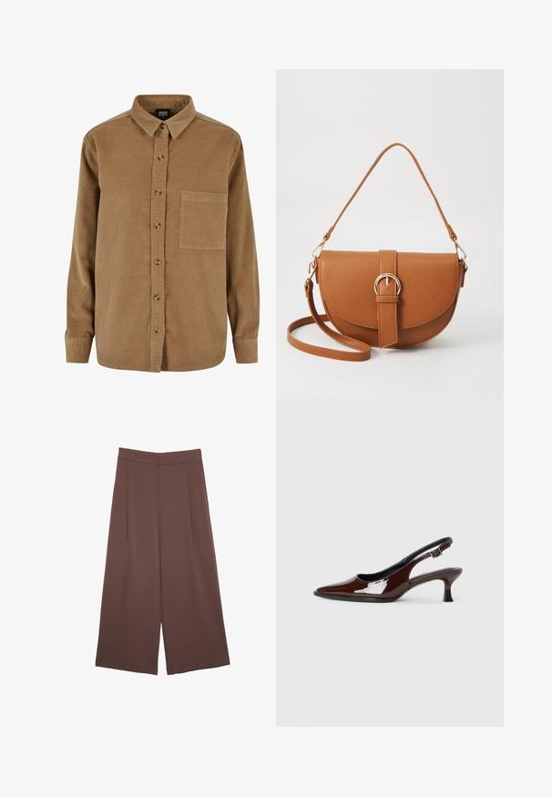 Brun fløjlsskjorte med knaplukning foran, spidse kraver, lange ærmer og en brystlomme. Har en subtil vertikal tekstur og brune knapper.; Brune bredbunde bukser med en glat tekstur, der har høj talje og plisseringer foran. Stoffet er let og falder løst.; Brun patenteret læder slingback sko med spids tå og en moderat hæl. Har en spænde rem for en sikker pasform. Glat tekstur.; Brun læder crossbody taske med en buet form, guldfarvet hardware og en spændeaccent. Har en aftagelig skulderrem.