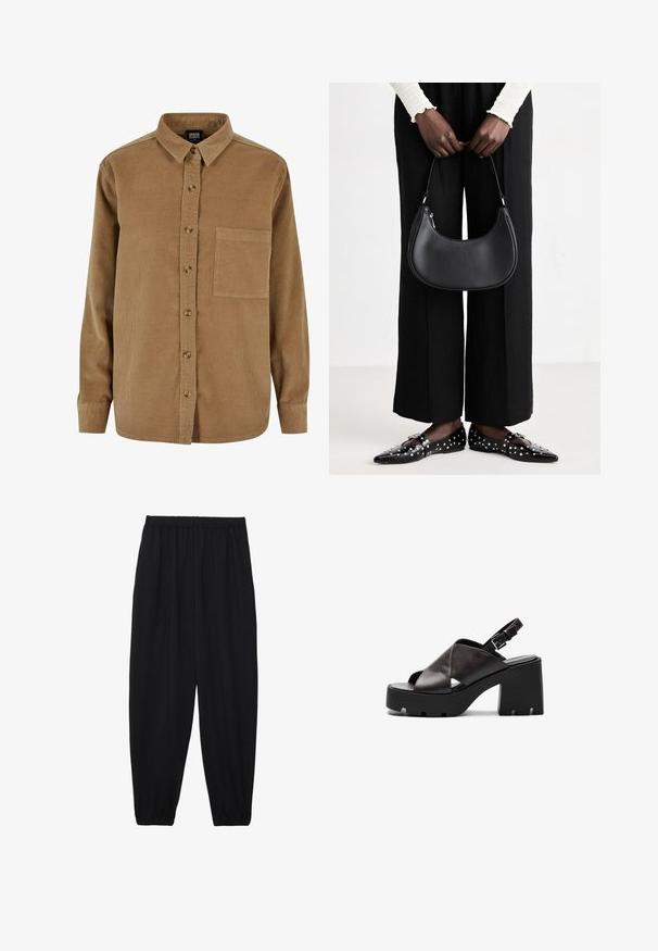 Brun fløjlsskjorte med knaplukning foran, spidse kraver, lange ærmer og en brystlomme. Har en subtil vertikal tekstur og brune knapper.; Sort, lette bukser med elastisk talje og sammenfoldede ankler. Stoffet er glat og har et afslappet, indsnævret design.; Sorte læder stiletto sandaler med en kraftig platform, krydsrem-design, justerbar spænde og struktureret sål.; Sort læder skuldertaske med rund form, glat finish og sølv hardware. Person iført sorte brede bukser og nitter loafers.