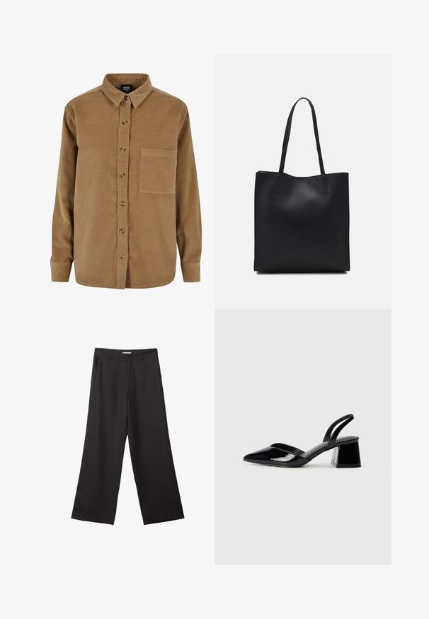 Brun fløjlsskjorte med knaplukning foran, spidse kraver, lange ærmer og en brystlomme. Har en subtil vertikal tekstur og brune knapper.; Sorte bukser med vidde, lavet af glat stof, med en frontlynlås og to sidelommer, i en skræddersyet pasform og minimalistisk design.; Sorte patentlæder slingback hæle med spids tå og en geometrisk blok hæl. Har et elegant, minimalistisk design og en glat tekstur.; Sort læder tote taske med glat tekstur, rektangulær form og to lange hanke. Ingen synlig hardware eller udsmykninger.