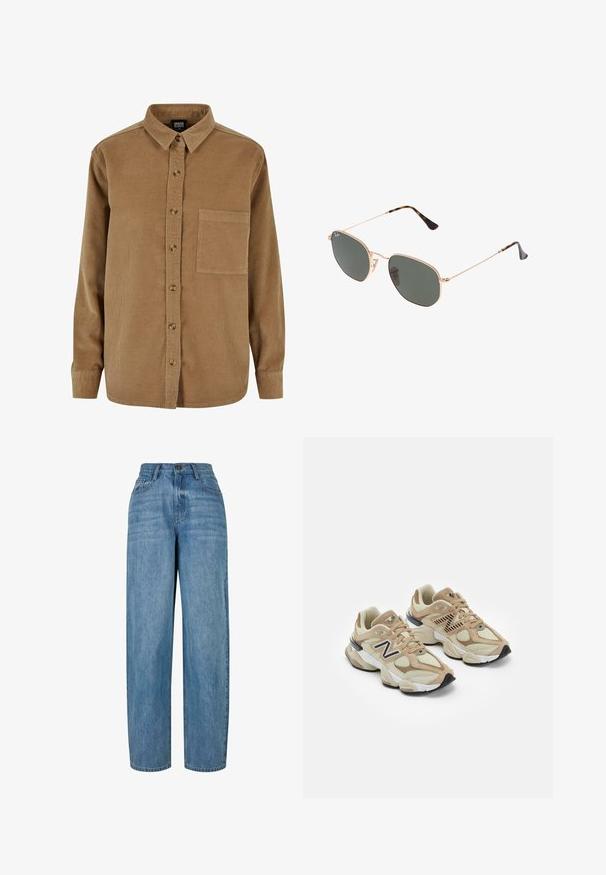 Braunes Cordhemd mit durchgehender Knopfleiste, spitzem Kragen, langen Ärmeln und einer Brusttasche. Mit subtiler vertikaler Textur und braunen Knöpfen.; Hellblaue Jeans aus Denim mit geradem Schnitt, ausgestattet mit einem Knopfverschluss, fünf Taschen und subtilen Ausbleichungen im gesamten Stoff.; Beige Sneaker aus Mesh- und Wildledermaterialien. Mit einem schwarzen Logo und strukturierten Akzenten. Dicke weiße Zwischensohle und schwarze Gummisohle.; Goldfarbene Metallrahmen-Sonnenbrillen mit dunkelgrünen Gläsern im Pilotenstil, mit schlanken Bügeln und Schildpatt-Akzenten an den Spitzen.; Weiße Lederhandtasche mit goldfarbenen Beschlägen, ausgestattet mit einer Klappenverschluss und einem abnehmbaren, verstellbaren Riemen. Runde Metallakzente in der Mitte.