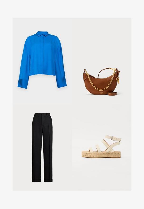 Rövid fazonú blúz élénk kék anyagból, galléros nyakkal, gombos elülső részével és hosszú ujjakkal. Simább textúrájú és laza fazonú.; Fekete, magas derekú vászonnadrág. Egyenes szára van, gyűrődésekkel és hajtással a szegélyén. Nincsenek látható zsebek vagy záródások.; Világos bézs bőr espadrille szandál négy keresztpánttal és bokapántos csattal, fonott juta platform talppal és lapos gumi talppal.; Barna bőr kézi táska íves kialakítással, arany lánc pánttal, belső zsebbel és leválasztható vállpánttal. Kontrasztos varrás jellemzi.