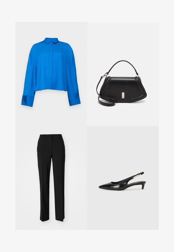 Crop blouse in bright blue fabric with a collared neck, button front, and long sleeves. Smooth texture and relaxed fit.; Black tailored trousers with a straight-leg design, featuring a smooth texture and crisp creases along the front. No visible hardware.; Black leather slingback heels with a pointed toe, featuring a slim heel and a gold-tone accent on the adjustable strap. Smooth texture.; Black leather handbag with a structured design, featuring a cropped shape, top handle, and gold hardware accent. Adjustable shoulder strap included.