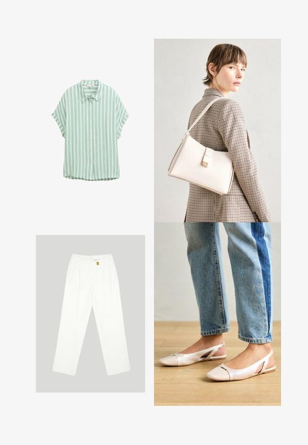 Camicetta a maniche corte a righe verde chiaro e bianco con chiusura a bottoni e colletto a punta. Presenta una vestibilità rilassata e una texture morbida.; Pantaloni bianchi a gamba larga realizzati in tessuto morbido. Presentano una chiusura con un singolo bottone giallo e un design con pieghe sul davanti. Nessuna tasca visibile.; Ballerine slingback rosa pallido con punta affusolata, realizzate in un materiale simile alla pelle liscio. Presentano dettagli a taglio sui lati e un tacco piatto.; Borsa a mano in pelle bianca con un design strutturato, presente di un clasp magnetico e una tracolla, esposta su uno sfondo neutro.