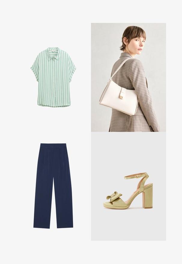 Camisa de manga corta a rayas verde claro y blanca con cierre de botones y cuello de punta. Presenta un ajuste relajado y una textura suave.; Pantalones de pierna ancha en azul marino, fabricados en un tejido suave, que cuentan con pliegues frontales, una textura lisa y un corte recto sin bolsillos visibles.; Sandalia de tacón alto de satén verde con un detalle de lazo en la tira delantera, tira ajustable en el tobillo y un tacón cuadrado grueso.; Bolso de mano de cuero blanco con un diseño estructurado, que presenta un cierre magnético y una correa para el hombro, exhibido sobre un fondo neutro.