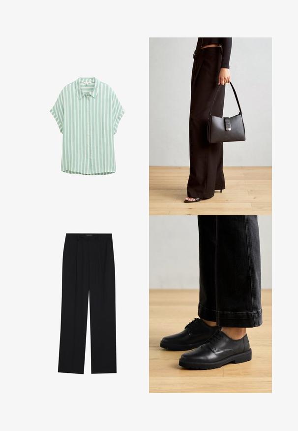 Cămașă cu mânecă scurtă, dungată verde deschis și alb, cu închidere butonată și guler ascuțit. Prezintă o croială lejeră și o textură moale.; Pantaloni negri cu un design drept, dotati cu doua buzunare frontale si un talie. Fabricati dintr-un material usor si neted.; Pantofi negri din piele, cu șireturi, cu o textură netedă, vârf rotunjit și talpă groasă din cauciuc, asortați cu blugi dark cropped.; Genți negre cu o formă structurată, textură netedă și un închizător metalic. Asortată cu pantaloni negri largi și sandale cu vârf deschis pe un podea din lemn.