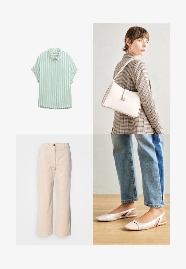 Jasnozielona i biała koszula z krótkim rękawem w paski, z zapięciem na guziki z przodu i spiczastym kołnierzykiem. Posiada luźny krój i miękką fakturę.; Beżowe spodnie z korduroju o prostych nogawkach, z przodu z zapięciem na guzik i bocznymi kieszeniami, widoczne na białym tle.; Jasnoróżowe baleriny na odkrytej pięcie z wąskim noskiem, wykonane z gładkiego materiału imitującego skórę. Posiadają wycięcia po bokach oraz płaski obcas.; Biała skórzana torebka o strukturalnym wzorze, z magnetycznym zapięciem i paskiem na ramię, zaprezentowana na neutralnym tle.