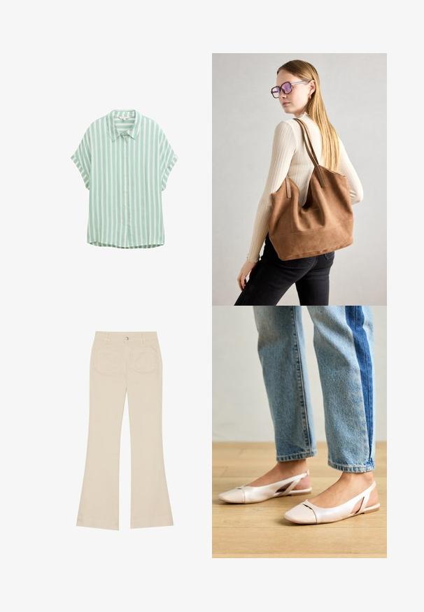 Camicetta a maniche corte a righe verde chiaro e bianco con chiusura a bottoni e colletto a punta. Presenta una vestibilità rilassata e una texture morbida.; Pantaloni beige a zampa d'elefante con vita alta, realizzati in tessuto di cotone. Presentano tasche frontali e posteriori, passanti per cintura e un singolo bottone argentato.; Ballerine slingback rosa pallido con punta affusolata, realizzate in un materiale simile alla pelle liscio. Presentano dettagli a taglio sui lati e un tacco piatto.; Borsa a tracolla in suede marrone con texture morbida, ampia apertura e lunghe cinghie. Caratterizzata da un design semplice con cuciture visibili e senza accessori.