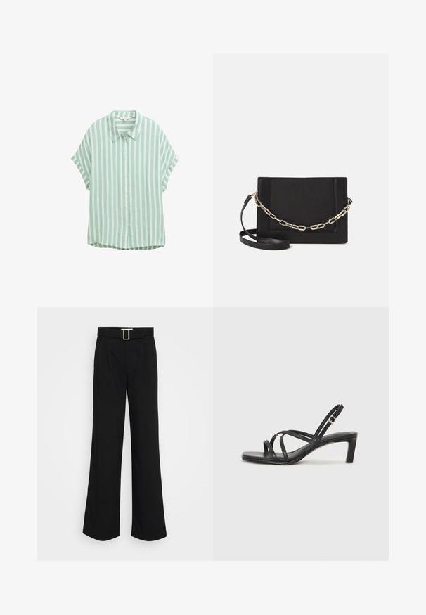 Light green and white striped short-sleeve shirt with a button-up front and a pointed collar. Features a relaxed fit and soft texture.; Black wide-leg trousers made of lightweight fabric, featuring a smooth texture, front pleats, and a belt with a square metal buckle.; Black strappy sandal with a square toe and a low block heel. Features multiple thin straps and an adjustable ankle strap. Made of smooth leather.; Black leather crossbody bag featuring a smooth texture, rectangular shape, and a metallic chain detail on the front. Adjustable strap included.