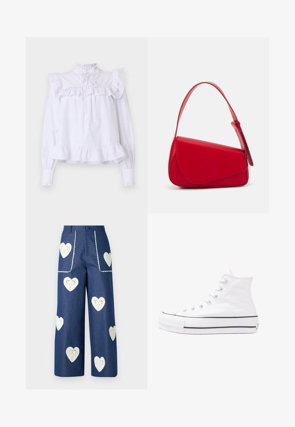 White blouse featuring ruffled collar and sleeves, long sleeves with elastic cuffs, and a gathered hemline for a relaxed fit.; Sister Jane HEART TO HEART - Straight leg jeans - blue denim; White high-top canvas sneaker with black rubber sole, front rubber toe cap, and six eyelets for laces, featuring a clean, minimalist design.; Red leather handbag with an angular, geometric design. Features a single adjustable strap and a flap closure with stitched detailing.