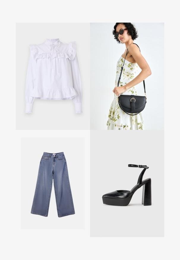 White blouse featuring ruffled collar and sleeves, long sleeves with elastic cuffs, and a gathered hemline for a relaxed fit.; Wide-leg denim jeans in a light blue wash, featuring a high waist, front pockets, and a button closure with belt loops.; Black platform heels with a pointed toe and adjustable ankle strap. Constructed from smooth leather, featuring a chunky block heel.; Black leather handbag with a curved shape, detachable strap, and gold hardware. The bag features a flap with a buckle detail.