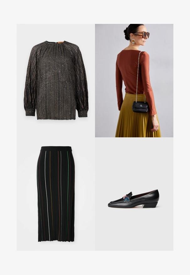Bluză neagră plisată cu fire metalice, mâneci lungi, guler înalt și manșete elastice. Prezintă dungi verticale și o finisare texturată.; Fustă plisată neagră cu dungi verticale în galben, portocaliu, roșu, verde și alb. Dispune de un brâu ajustat și un tiv ușor asimetric.; Mocasini din piele neagră cu tocul jos, cu vârf ascuțit și detalii decorative colorate pe un fundal alb.; Vivienne Westwood SMALL PURSE CHAIN - Geantă crossbody - black