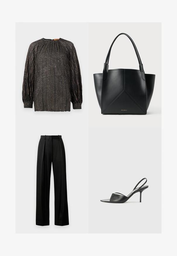 Črna naberana bluza z metalnimi nitmi, dolgi rokavi, visok ovratnik in elastični manšeti. Ima vertikalne črte in teksturiran zaključek.; Črne široke hlače iz lahkega materiala s krojem, ki se prilega telesu, z zgornjimi pregibi in ravnim pasom z zankami.; Črni usnjeni slingback petni čevlji z ostrim nosom, tankim zapestnim trakom in stiletto peto. Imajo zanko na površini.; Črna usnjena torba za prenašanje z geometrijskim vzorcem, ki ima dve ročki in zlat tisk na sprednji strani. Gladka tekstura in strukturirana oblika.