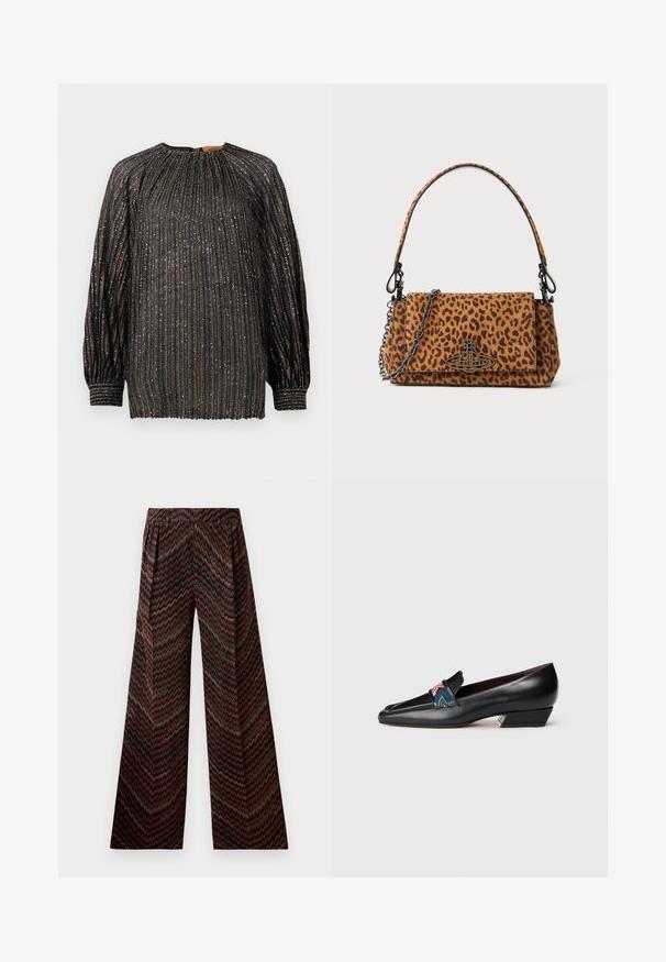 Mustmustriibuline must pluus metallkiududega, pikkade varrukatega, kõrge kaelusega ja elastsete mansettidega. Omab vertikaalseid riba ja tekstureeritud pinda.; Laiad sääred püksid kõrge vöökoht ja diagonaalribadega mustris, mille toonid on pruun, must, roosa ja roheline valge taustal.; Musthave mustaga musta nahast madala kontsaga loafer, terava ninaga ja värviliselt mustritatud rihmaga valgel taustal.; Leopardimustriga nahkese käekott, mis on valmistatud suede'ist, lühikese käepideme ja ahelahaga. Ristkülikukujuline kuju flapi sulgemisega.