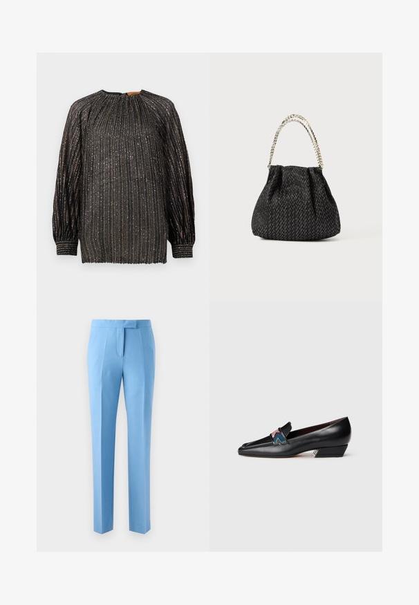 Svart plisserad blus med metalltrådar, långa ärmar, hög halsringning och elastiska ärmslut. Har vertikala ränder och en texturerad yta.; Ljusblå byxor med skräddarsydd passform, med en platt front, sidofickor och en mjuk textur. Utformade med en ren, modern silhuett.; Svart läder lågklackad loafer med spetsig tå och färgglad mönstrad rem detalj på vit bakgrund.; Svart texturerad handväska med ett fiskbensmönster, församlad design och ett metallkedjehandtag. Mjuk tyg ger ett snyggt utseende.