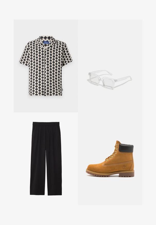 Cămașă cu mânecă scurtă într-un model geometric crem și negru. Prezintă un guler și închidere cu nasturi în față. Fabricată dintr-un material ușor.; Pantaloni negri largi, cu un front plisat, buzunare laterale și o textură de țesătură netedă. Concepuți pentru o croială relaxată.; Cizmă de gleznă din întoarsă de culoare bej, cu guler negru căptușit, ochiuri din metal auriu, detalii de cusătură albă și talpă din cauciuc robustă, cu un model pronunțat.; Ochelari de soare dreptunghiulari transparenți cu un cadru din plastic gros, având lentile ușor nuanțate și fără modele sau accente suplimentare.; Set de cinci inele din argint cu diverse modele: un model în lanț, un band neted, un band cu puncte și accente de lucru deschis.