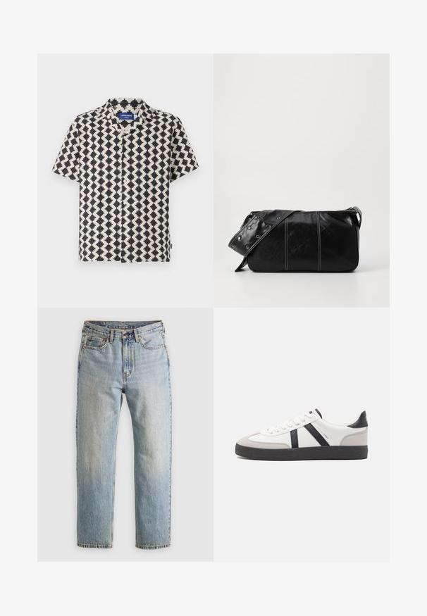 Koszula z krótkim rękawem w kremowo-czarny wzór geometryczny. Posiada kołnierzyk i zapięcie na guziki z przodu. Wykonana z lekkiego materiału.; Jasnoniebieskie dżinsy z wysokim stanem, z guzikiem z przodu, zamkiem błyskawicznym i pięcioma kieszeniami, ułożone na płasko na neutralnym tle.; Białe sneakersy z czarnymi i szarymi akcentami, z teksturowanym szarym czubkiem, czarną gumową podeszwą i płaskimi białymi sznurowadłami. Czysty design, minimalistyczny styl.; Czarna skórzana torba na ramię z zamkiem błyskawicznym, charakteryzująca się teksturowanym korpusem, białymi przeszyciami oraz paskiem z srebrnymi osłonkami.