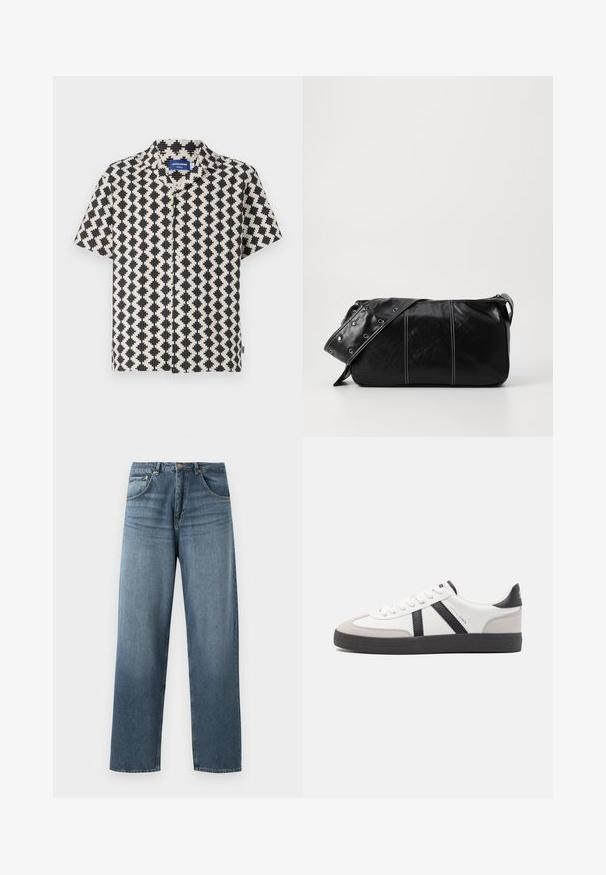 Koszula z krótkim rękawem w kremowo-czarny wzór geometryczny. Posiada kołnierzyk i zapięcie na guziki z przodu. Wykonana z lekkiego materiału.; Proste niebieskie dżinsy o wypłukanym kolorze, z pięcioma kieszeniami, metalowym guzikiem i szlufkami na pasek. Strukturalny, średniej gramatury materiał.; Białe sneakersy z czarnymi i szarymi akcentami, z teksturowanym szarym czubkiem, czarną gumową podeszwą i płaskimi białymi sznurowadłami. Czysty design, minimalistyczny styl.; Czarna skórzana torba na ramię z zamkiem błyskawicznym, charakteryzująca się teksturowanym korpusem, białymi przeszyciami oraz paskiem z srebrnymi osłonkami.