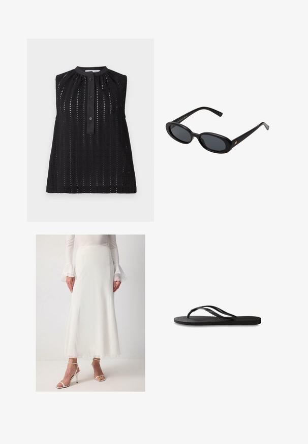 Top negro sin mangas con un escote alto, que presenta cortes verticales, una tapeta de botones y un dobladillo ligeramente acampanado.; Falda larga blanca y fluida de tejido ligero con una textura suave; presenta un dobladillo sutil y se combina con delicadas sandalias blancas de tacón alto.; Chanclas negras con suela de goma texturizada, dos tiras delgadas y un sutil detalle de logo en relieve en la tira.; Gafas de sol grandes de color negro con lentes ovalados, montura de plástico suave y detalles dorados en las patillas. Los lentes oscuros ofrecen protección solar.