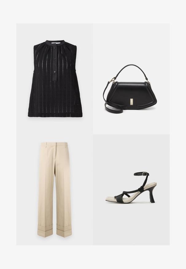 Un haut sans manches noir avec un col montant, présentant des découpes verticales, une patte de boutonnage et un ourlet légèrement évasé.; Pantalons beige avec une coupe droite, dotés d'un double revers au bas et d'un design à plat à l'avant. Fabriqués en tissu lisse et durable.; Sandale à talon noir avec un design de brides tressées, bout carré et bride de cheville réglable. Semelle intérieure beige claire avec un talon noir brillant.; Sac à main en cuir noir avec un design structuré, featuring une forme cropped, une poignée supérieure et des accents en matériel doré. Bandoulière réglable incluse.