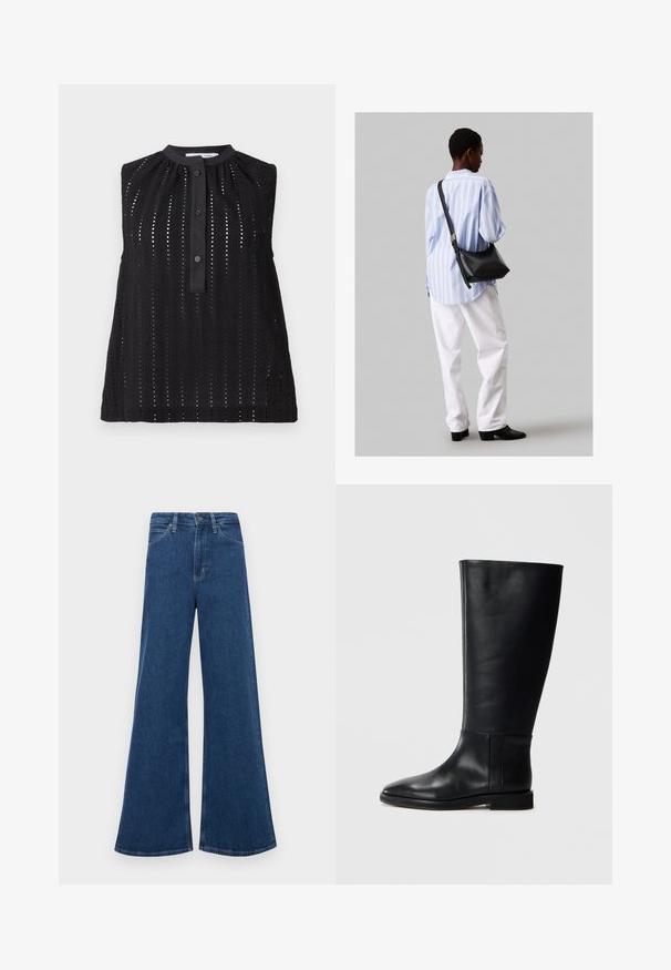 Czarngi bezrękawnik z wysokim dekoltem, z pionowymi wycięciami, z zapięciem na guziki i lekko rozszerzanym dołem.; Niebieskie dżinsy z rozszerzanymi nogawkami i wysokim stanem, z pięcioma kieszeniami, zapięciem na guzik i kontrastowym przeszyciem na szwach.; Czarne skórzane kozaki za kolano z zaokrąglonym noskiem, gładką teksturą, minimalistycznym designem i płaską podeszwą. Proste detale szwów na cholewie.; Czarna skórzana torba na ramię o miękkiej fakturze, w kształcie trójkąta, z regulowanym paskiem, połączona z jasnoniebieską koszulą w paski i białymi spodniami.