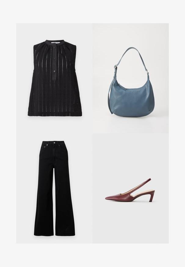 Black sleeveless top with a high neckline, featuring vertical cutouts, a button placket, and a slightly flared hem.; Black wide-leg jeans made from denim, featuring a high waist, five pockets, front button closure, and minimal stitching details.; Burgundy slingback heels with a pointed toe, cutout details on the side, and a mid-height block heel. Smooth leather finish.; Blue leather handbag with a rounded shape, single shoulder strap, zip closure, and embossed brand name on the front. Smooth texture.