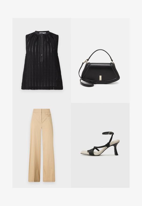 Fekete ujjatlan felső, magas nyakkivágással, függőleges kivágásokkal, gombos záródással és enyhén bővülő szegéllyel.; Beige színű, bővülő lábú nadrág kevert pamut anyagból. Simás textúrával, elasztikus derékpánttal és oldalsó gombos díszítéssel rendelkezik.; Fekete sarkú szandál fonott pánttal, négyzet alakú orral és állítható bokapánttal. Világos bézs talpbetét fényes fekete sarkával.; Fekete bőr kézitáska, strukturált dizájnnal, rövidített formával, felső fogantyúval és arany színű kiegészítőkkel. Állítható vállpánt is tartozik hozzá.
