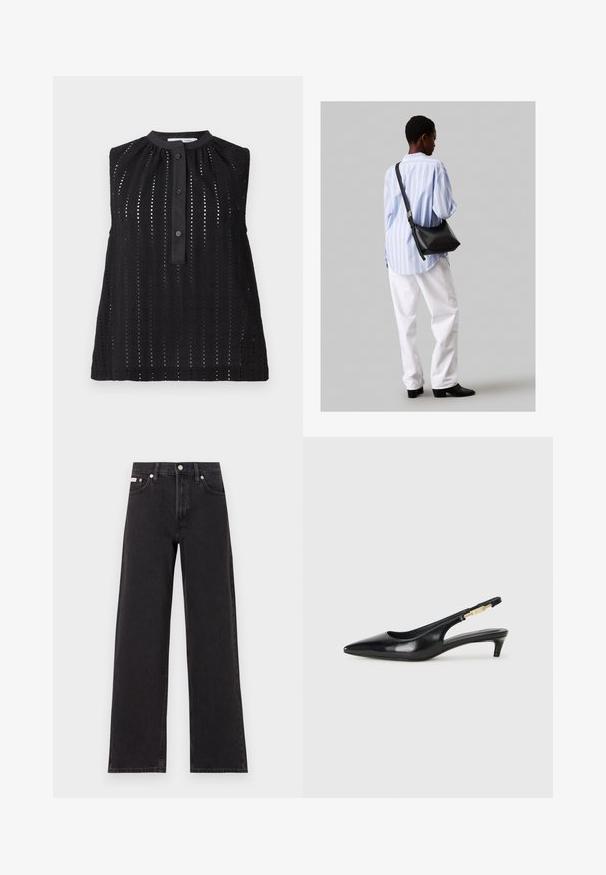 Top negru fără mâneci, cu guler înalt, având decupaje verticale, o listă cu nasturi și un tiv ușor evazat.; Jeanși negri cu picioare largi, fabricați din denim, cu talie înaltă, stil cu cinci buzunare și închidere cu nasture metalic, cu cusături contrastante.; Sandale slingback din piele neagră cu vârf ascuțit, având un toc subțire și un accent de culoare aurie pe curea ajustabilă. Textură netedă.; Geantă de umăr din piele neagră cu o textură moale, formă triunghiulară și curea ajustabilă, asortată cu o bluză cu dungi albastre deschise și pantaloni albi.
