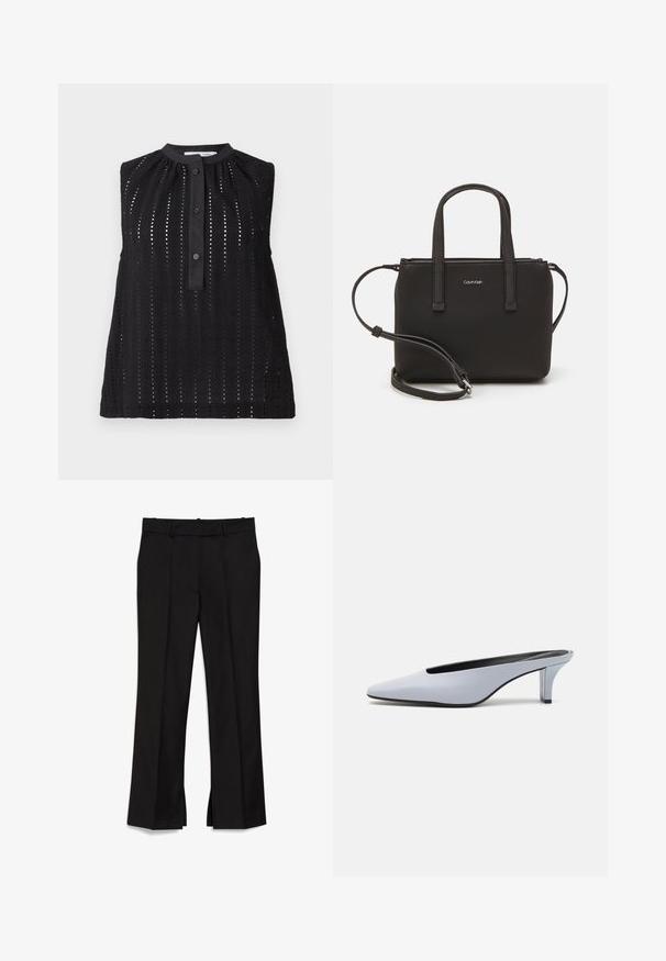 Schwarzes, ärmelloses Oberteil mit hohem Kragen, vertikalen Ausschnitten, einer Knopfleiste und einem leicht ausgestellten Saum.; Schwarze maßgeschneiderte Hose mit Falten, geraden Beinen und Schlitzen an dem Saum. Hergestellt aus glattem Stoff mit einem sauberen Finish und ohne sichtbare Beschläge.; Helles blaues Lackleder-Mule mit spitzem Zehenbereich, niedrigem transparentem Absatz und einem eleganten Design, das einen Ausschnitt im Vorderblatt aufweist.; Schwarze Handtasche mit zwei kurzen, doppelt geflochtenen Griffen und einem abnehmbaren Schulterriemen. Glattes, lederähnliches Material mit einem Reißverschluss und Logodetail.