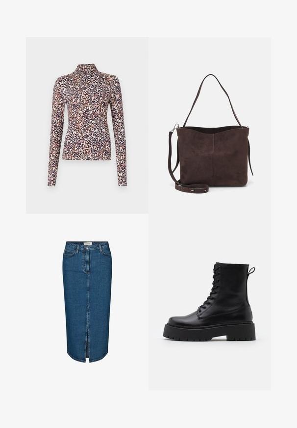 Hosszú ujjú felső, magas nyakkal, rugalmas anyagból készült, rózsaszín, barna és tengerészkék leopárdmintával.; Sötétkék farmer ceruzaszoknya, elülső hasítékkal, öt zsebbel és kontrasztos varrással. Közepes derékmagasság, klasszikus dizájn.; Fekete bőr bokacsizma, kerek orral, fűzős elülső résszel és vastag, texturált gumitalppal. Húzófül hátul.; Barna velúrbőr táska puha tapintással, egyetlen vállpánttal és finoman ívelt felső nyitással. Nincs látható fémrész.