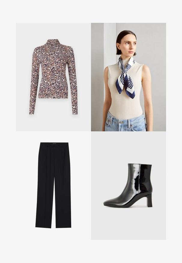 Blusa de manga longa com gola alta, feita de tecido elástico com um padrão de print leopardo em rosa, castanho e azul-marinho.; Calças pretas com um design de perna reta, apresentando dois bolsos frontais e um cós. Feitas de um tecido leve e suave.; Botim de tornozelo em pele sintética preta com bico apontado e salto bloco de altura média. Textura suave e design minimalista.; Cachecol de seda em azul marinho e branco com um padrão geométrico em zigzag. Textura suave, amarrado cuidadosamente ao redor do pescoço, complementando uma blusa com nervuras.