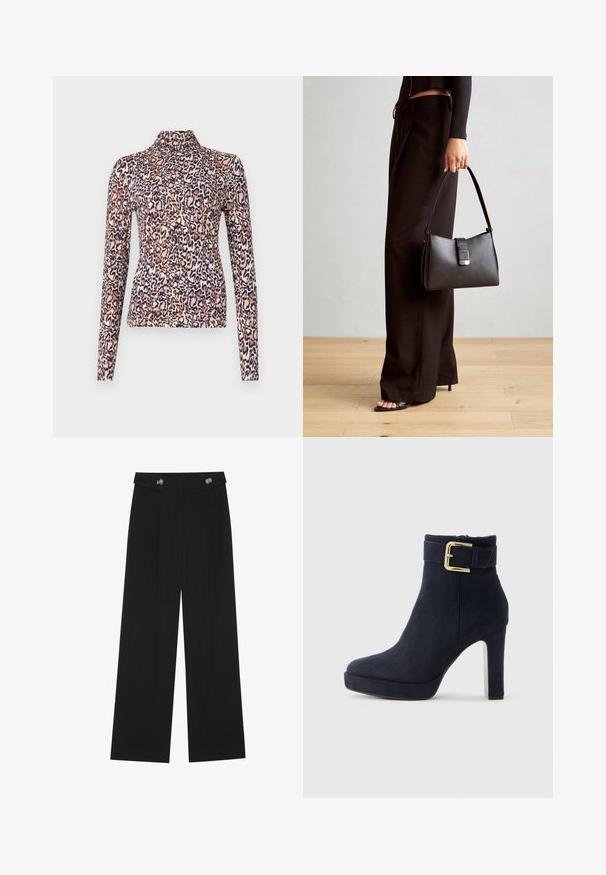 Dug čarapa s visokim ovratnikom, izrađena od rastezljivog materijala s uzorkom leoparda u ružičastoj, smešnoj i tamnoplavoj boji.; Crne hlače širokih nogavica s visokim strukom, s dugmadi na pojasu i prednjim nabora.; Crne nubuk visoke čizme do gležnja s potpeticom, ukrašene zlatnom kopčom i širokom potpeticom, na običnoj bijeloj pozadini.; Crna torba s oblikom koji sadrži strukturu, glađu teksturu i metalnu kopču. Uparena s širokim crnim hlačama i sandalama na otvorenom s drvenog poda.