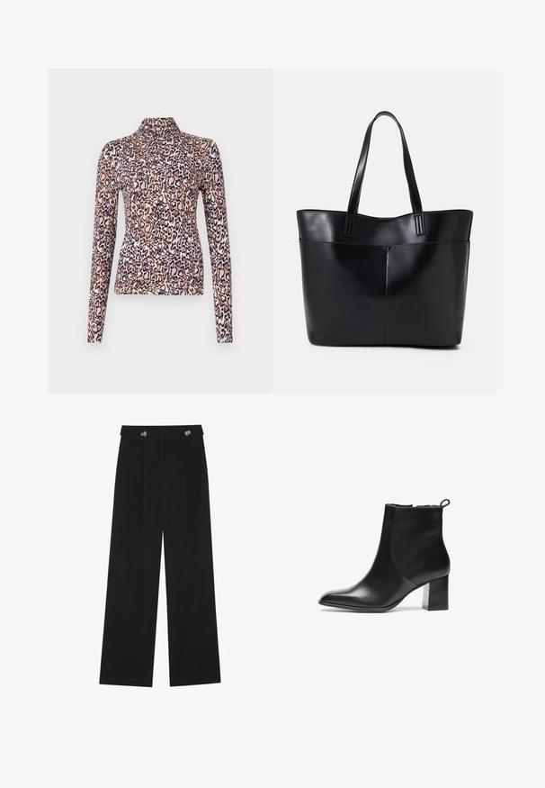 Blusa de manga longa com gola alta, feita de tecido elástico com um padrão de print leopardo em rosa, castanho e azul-marinho.; Calças largas pretas com cintura alta, detalhes em botão na cintura e pregas frontais.; Bota de tornozelo em pele preta com bico arredondado, um salto bloco de altura média e uma aba de puxar na parte de trás. Textura suave, design minimalista.; Bolsa tote preta em couro com duas alças longas, textura suave e forma estruturada. Apresenta um bolso frontal para armazenamento adicional.