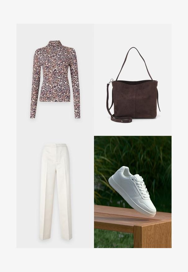Pikendatud varrukatega topp kõrge kaelusega, valmistatud venivast kangast, millel on roosa, pruun ja tumesinine leopardimuster.; Kreemi värvi püksid, millel on kohandatud lõige, sirge jalg, sile kangas, esipleat ja puhas äär. Minimalistlik disain.; Valged sneakerd, millel on sile sünteetiline ülemine osa, väikeste aukudega varvaskast, lamedad paelad ja tekstuuriga tald, eksponeeritud puidust pinnal.; Pruun nubukist kott pehme tekstuuriga, millel on üks õlavarre rihm ja peene kumer ülemine ava. Nähtavaid metallosi pole.