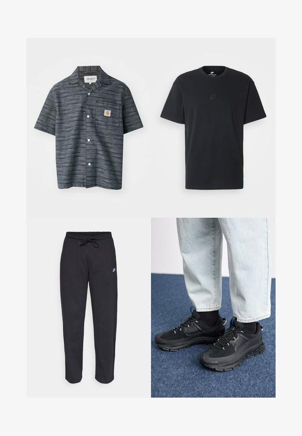 Korte mouwen overhemd in donkergrijs met een gestreept patroon, voorzien van een borstzak en een Carhartt logo patch.; Zwarte katoenen t-shirt van Nike met een klassieke ronde hals, korte mouwen en een subtiele, reliëflogo op de borst. Gladde textuur.; Zwarte sweatpants van zacht stof met een elastische tailleband, trekkoord en een klein Nike-logo op de linker bovenbeen.; Zwarte sportschoenen met gestructureerde stof en rubberen zolen, met elastische veters en een blauwe accent op de hiel. Draag samen met lichte spijkerbroeken.