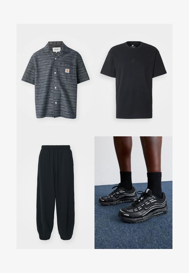 Kortermet knappskjorte i mørk grå med stripemønster, med brystlomme og Carhartt-logo.; Nike svart bomull T-skjorte med klassisk rund hals, korte ermer, og en subtil, preget logo på brystet. Glatt tekstur.; Sorte, joggebukser med elastisk liv, løs passform, mansjetter på ankler, glatt tekstur og uten synlige mønstre eller hardware-detaljer.; Sorte Nike-sko har en mesh-overdel med aksentstriper, teksturert snøring og en svart gummisåle. Brukt med svarte ribbede sokker.
