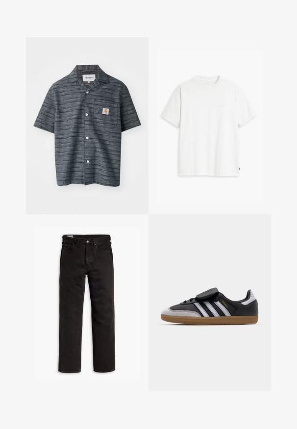 Camisa de botones de manga corta en gris oscuro con un patrón a rayas, que cuenta con un bolsillo en el pecho y un parche del logo de Carhartt.; Camiseta de algodón blanca con mangas cortas, cuello redondo y sutil logo de Levi's impreso en el centro. Textura suave y ajuste estándar.; Vaqueros de mezclilla negros de pierna recta con cinco bolsillos, cierre de botón y trabillas para cinturón, dispuestos sobre un fondo blanco.; Zapatillas de cuero negro y gamuza gris con rayas blancas, suela de goma, parte delantera con cordones y tira de Velcro. Presenta el logotipo "Samba" en dorado.
