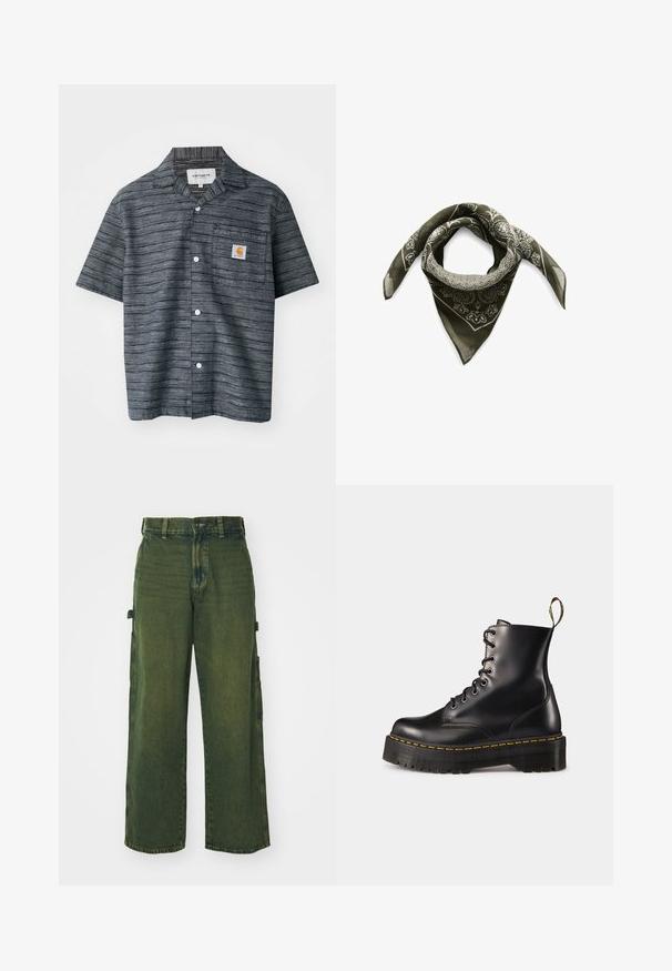 Kortærmet skjorte med knapper i mørkegrå farve med et stribet mønster, der har en brystlomme og Carhartt-logo patch.; Langærmet hvid bomulds T-shirt med rund hals, prydet med et lille gult og burgunder logo på venstre bryst. Uden sømme ved ærmerne og kanten.; Grønne denim cargo bukser med vide ben, der har sidelommer, falmet overflade og klassisk knap- og lynlåslukning.; Sorte læder snørebånd ankelstøvler med en kraftig sort sål og gul syning. Har en trækflap bagpå og runde metaløjer.; Matinique Tørklæde / Halstørklæder - thyme