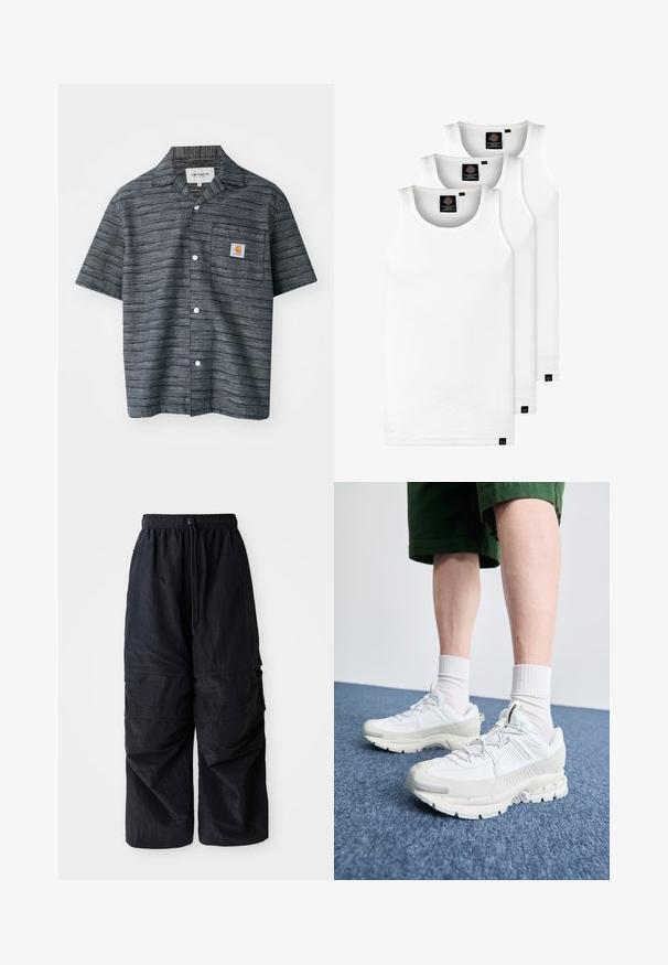 Short-sleeve button-up shirt in dark gray with a striped pattern, featuring a chest pocket and Carhartt logo patch.; Three white ribbed tank tops made of cotton. Features a crew neck and small black labels near the hem. Available in multiple sizes.; Black lightweight nylon cargo pants with elastic waistband, adjustable drawstring, and multiple layered pockets on legs.; White athletic shoes with textured overlays, a chunky sole, and gray accents. Worn with white crew socks and green shorts on a blue surface.