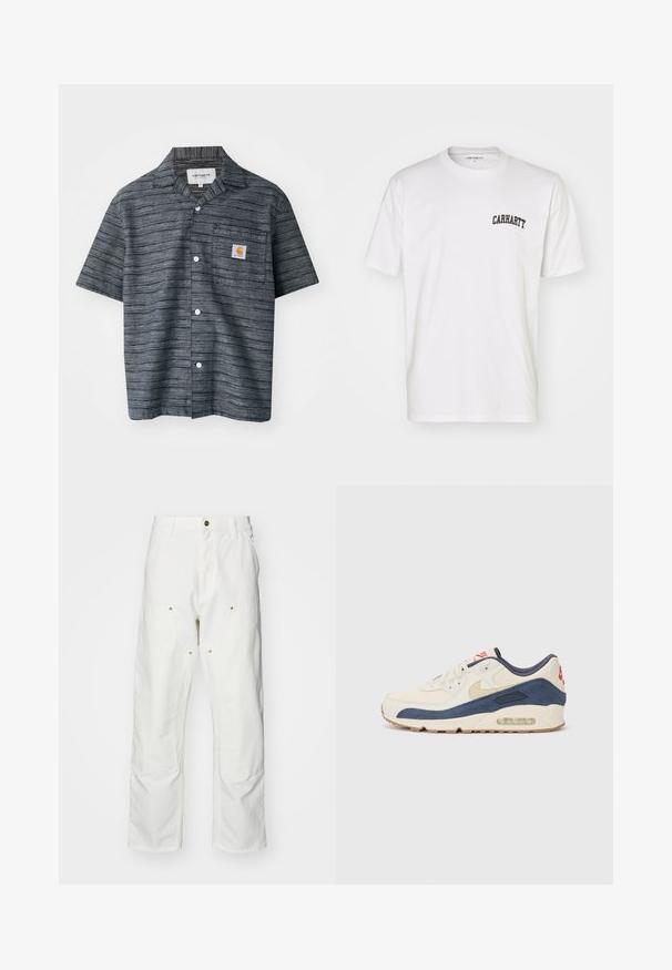 Rövid ujjú gombos ing sötétszürke színben, csíkos mintával, mellzsebbel és Carhartt logóval.; Fehér pamut póló, rövid ujjakkal és kerek nyakkivágással. A bal felső mellrészen fekete "Carhartt" logó látható.; Fehér pamut cargo nadrág, laza szabású. Jellemzői közé tartozik az elülső zsebek, az arany színű fémalkatrészek és a megerősített térd részek.; Tejszínbőr és tengerészkék velúr felsőrésszel rendelkező sporty cipők, látható légsóléval, bézs gumitalppal és piros részlettel a saroknál.