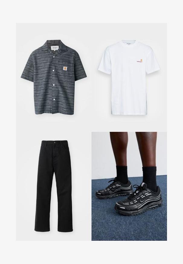 Korte mouwen overhemd in donkergrijs met een gestreept patroon, voorzien van een borstzak en een Carhartt logo patch.; Witte katoenen t-shirt met korte mouwen. Ontworpen met een klein oranje en kastanjebruin logo op de linkerkant van de borst. Heeft een klassieke ronde hals.; Zwarte denim broek met een rechte pasvorm, voorzien van voorzakken, een rits en een enkele bovenste knoop. Gestructureerde stof met een matte afwerking.; Zwarte Nike-schoenen hebben een bovenwerk van mesh met accentstreepjes, getextureerde veters en een zwarte rubberen zool. Draag ze met zwarte geribde sokken.