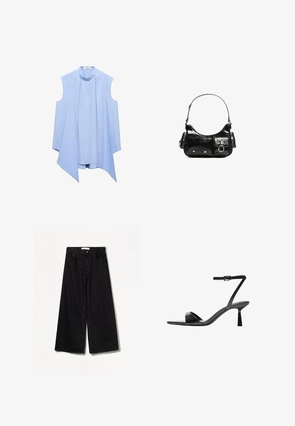 Himmelblaues ärmelloses Blusenshirt mit Stehkragen, ausgestattet mit einer gefalteten Vorderseite und einem fließenden, asymmetrischen Saum. Glatte Stofftextur.; Bershka WIDE-LEG - Wide Leg - black; Bershka High Heel Sandalette - black; Schwarze Lackleder-Handtasche mit geschwungenem Design, einem Schulterriemen, Vordertaschen und silberfarbenen Hardware-Akzenten.