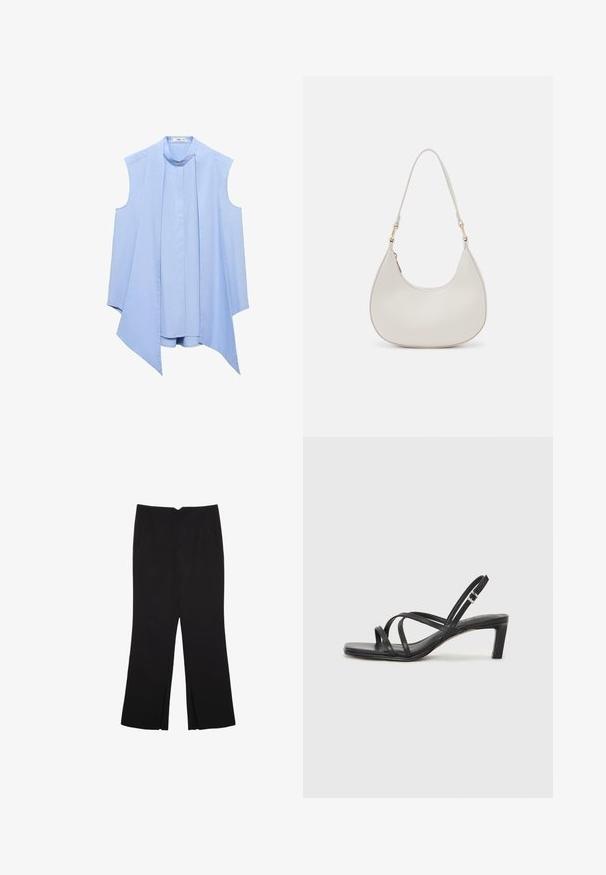 Blusa senza maniche di un blu chiaro con colletto rialzato, caratterizzata da un fronte plissettato e un orlo asimmetrico fluido. Tessuto dalla texture morbida.; Pantaloni neri a gamba dritta, con tasche frontali e spacchi laterali all'orlo. Realizzati in tessuto morbido e liscio. Adatti a diverse occasioni.; Sandalo nero con cinturini, dalla punta squadrata e tacco basso a blocco. Presenta diversi cinturini sottili e una cinturini regolabile alla caviglia. Realizzato in pelle liscia.; Borsa a spalla in pelle crema con forma a mezzaluna, strap sottile e dettagli di cucitura delicati. Design minimalista con accenti in metallo dorato.