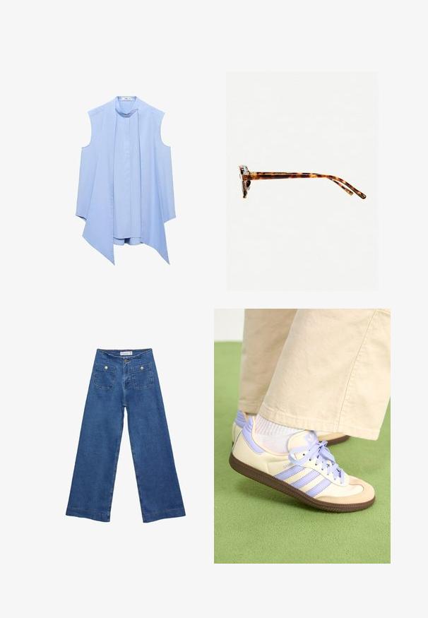 Light blue sleeveless blouse with a stand collar, featuring a pleated front and a flowing, asymmetric hemline. Smooth fabric texture.; Denim wide-leg jeans with a medium blue wash, two front pockets with button closures, and stitched detailing along the hems.; Cream and lavender sneakers with three stripes and a textured brown sole, featuring laces and a padded heel. Soft fabric upper.; Tortoiseshell sunglasses with a thick frame, slightly curved temples, and smooth texture. Features a classic design with a glossy finish.