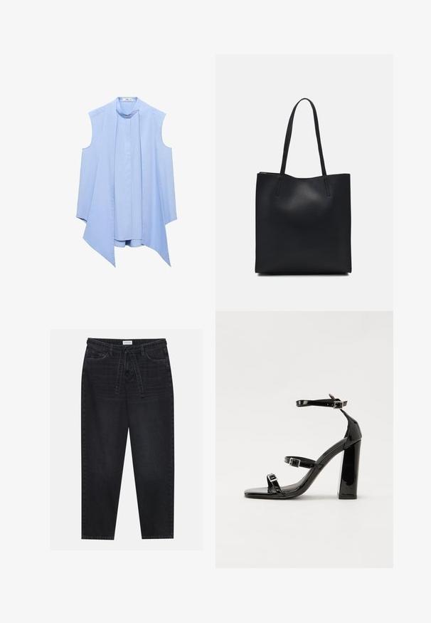 Himmelblaues ärmelloses Blusenshirt mit Stehkragen, ausgestattet mit einer gefalteten Vorderseite und einem fließenden, asymmetrischen Saum. Glatte Stofftextur.; Schwarze Denim-Hosen mit lässiger Passform, ausgestattet mit einem Kordelzug am Bund und fünf Taschen. Glatte Textur mit minimaler Ausbleichung und kontrastierenden Nähten.; Schwarze patentierte Sandalen mit Absatz, quadratischer Spitze, Knöchelriemen und silbernen Schnallen. Mit einem stabilen Blockabsatz für mehr Stabilität.; Schwarze Laptoptasche aus Leder mit glatter Textur, rechteckiger Form und zwei langen Griffen. Keine sichtbaren Beschläge oder Verzierungen.