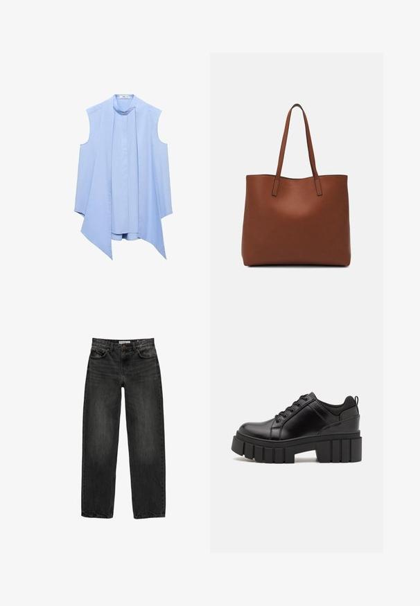 Himmelblaues ärmelloses Blusenshirt mit Stehkragen, ausgestattet mit einer gefalteten Vorderseite und einem fließenden, asymmetrischen Saum. Glatte Stofftextur.; Schwarze Jeans aus Denim mit lockerer Passform, geradem Bein, fünf Taschen-Design und einer leicht gewaschenen Textur. Knopf- und Reißverschluss vorne.; Schwarze Lederplateauschuhe mit klobigem Blockabsatz, runder Zehenpartie und traditionellem Schnürdesign. Verfügt über eine glatte Textur und minimale Details.; Braune Leder-Tote mit glatter Textur, offenem Oberteil und zwei Schulterriemen. Verfügt über minimale Nähte und keine sichtbaren Beschläge.