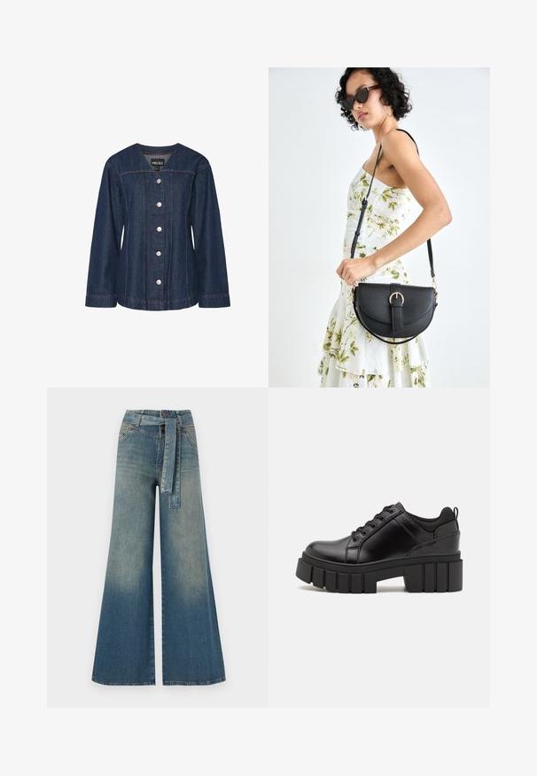 Farkkutakki tummansinisestä kankaasta, hopeanvärisillä painikkeilla ja punaisella ompelulla. Ominaisuuksiin kuuluu pyöreä kaula-aukko ja pitkät hihat rentoa istuvuutta varten.; Yksiväriset farkut leveällä lahkeella, joissa on vaaleasta tummansiniseen häipyvä väri, korkea vyötärö, vyölenkit ja yhteensopiva kangasvyö. Rakennefarkkujen pinta.; Mustat nahkakengät, joissa on lättihenkinen korko, pyöreä kärki ja perinteinen nauhakiinnitys. Ominaisuuksiin kuuluu sileä pintakuvio ja minimaalinen yksityiskohtaisuus.; Musta nahkainen käsilaukku, joka on kaareva muotoilultaan, irrotettavalla hihnalla ja kultaisilla yksityiskohdilla. Laukussa on läppä, jossa on solk yksityiskohta.